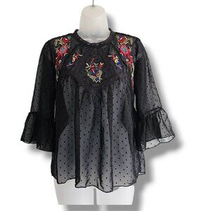 Rebellion Again Top Black Sheer Polka Dot Size M Embroidered Floral Bell Sleeve
